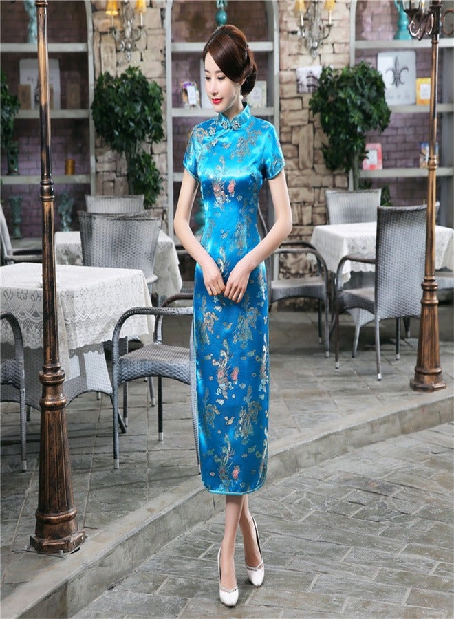 Dragon And Phoenix Short Sleeved Long Skirt Lake Blue