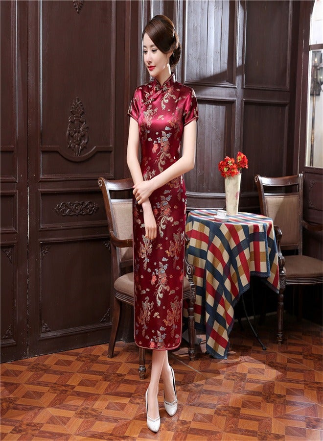 Dragon And Phoenix Short Sleeved Long Skirt Wine Red