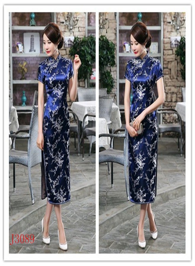 A Plum Blossom Short Sleeved Long Skirt Upper Blue