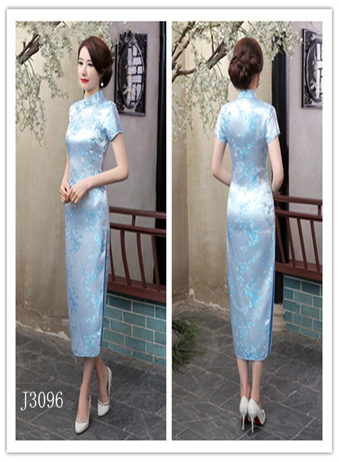 A Plum Blossom Short Sleeved Long Skirt Sky Blue