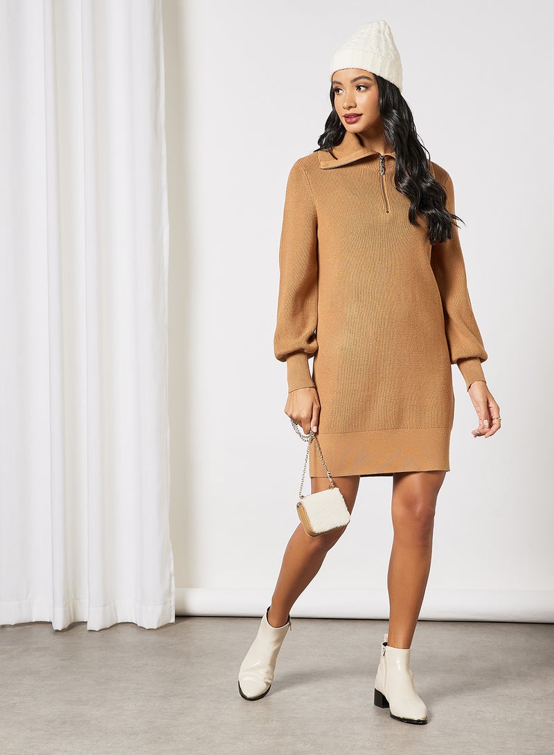Half-Zip Knitted Dress Brown