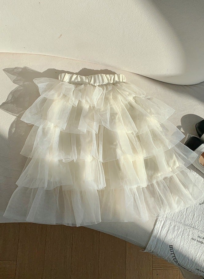 Girls Solid Color Tutu Skirts Kids Fashion 5-Layer Ruffle Tulle Fluffy Elastic Waist Gauze Skirt Cream White