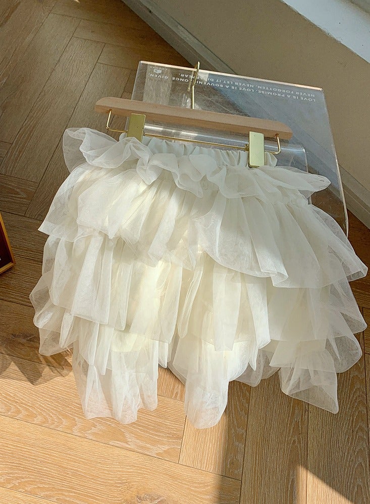 Girls Solid Color Tutu Skirts Kids Fashion 5-Layer Ruffle Tulle Fluffy Elastic Waist Gauze Skirt Cream White