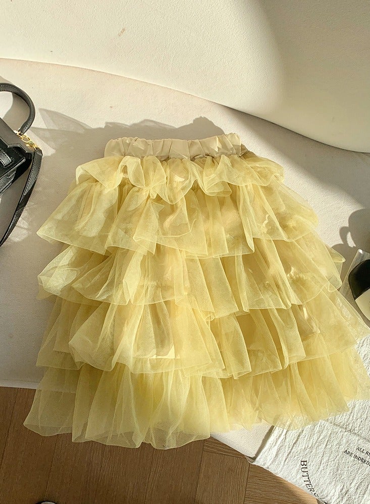 Girls Solid Color Tutu Skirts Kids Fashion 5-Layer Ruffle Tulle Fluffy Elastic Waist Gauze Skirt Yellow