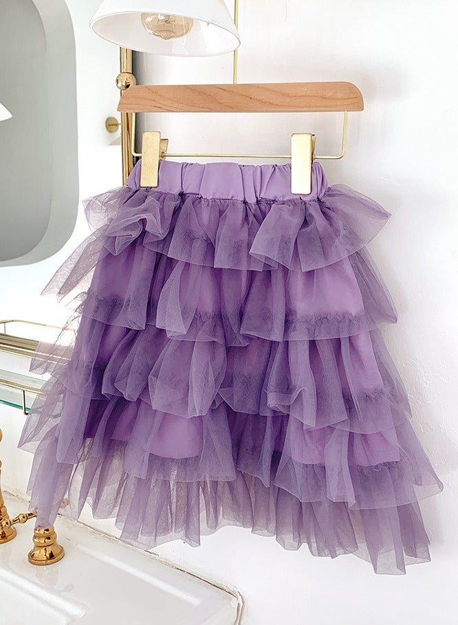 Girls Solid Color Tutu Skirts Kids Fashion 5-Layer Ruffle Tulle Fluffy Elastic Waist Gauze Skirt Purple