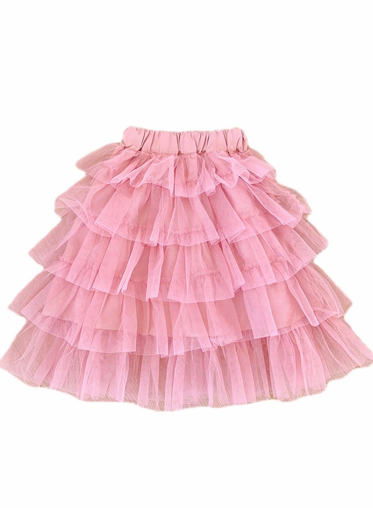 Girls Solid Color Tutu Skirts Kids Fashion 5-Layer Ruffle Tulle Fluffy Elastic Waist Gauze Skirt Pink