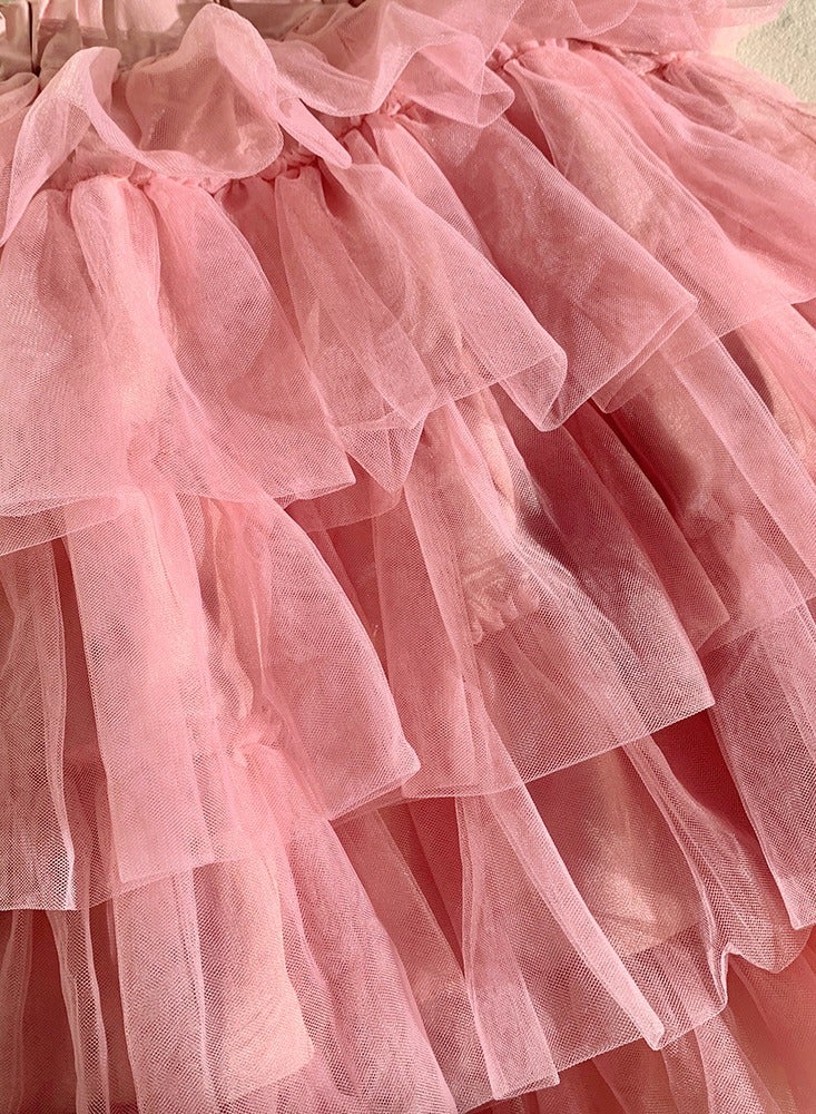 Girls Solid Color Tutu Skirts Kids Fashion 5-Layer Ruffle Tulle Fluffy Elastic Waist Gauze Skirt Pink