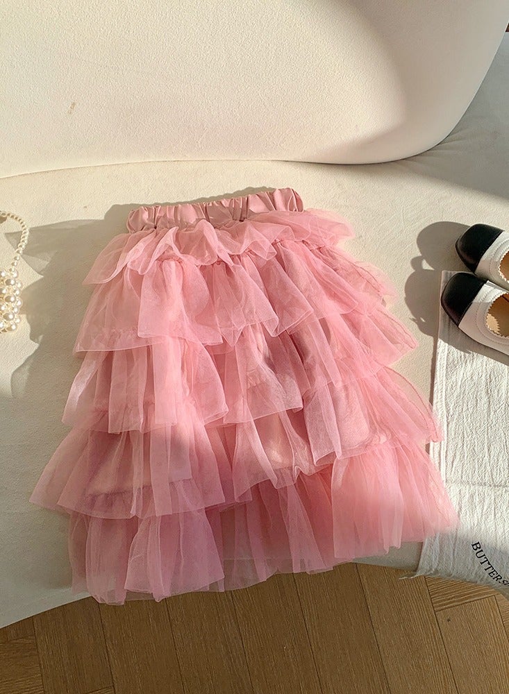 Girls Solid Color Tutu Skirts Kids Fashion 5-Layer Ruffle Tulle Fluffy Elastic Waist Gauze Skirt Pink