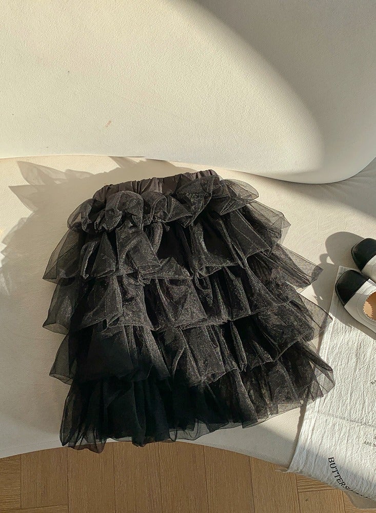 Girls Solid Color Tutu Skirts Kids Fashion 5-Layer Ruffle Tulle Fluffy Elastic Waist Gauze Skirt Black