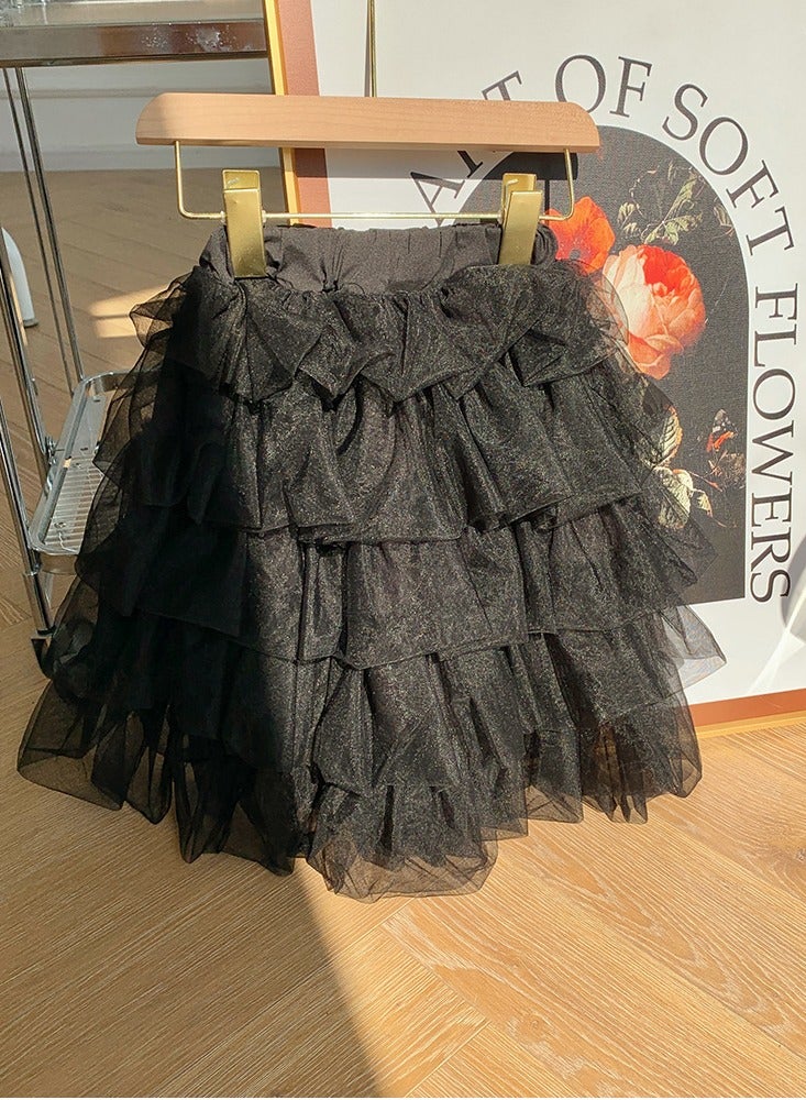 Girls Solid Color Tutu Skirts Kids Fashion 5-Layer Ruffle Tulle Fluffy Elastic Waist Gauze Skirt Black