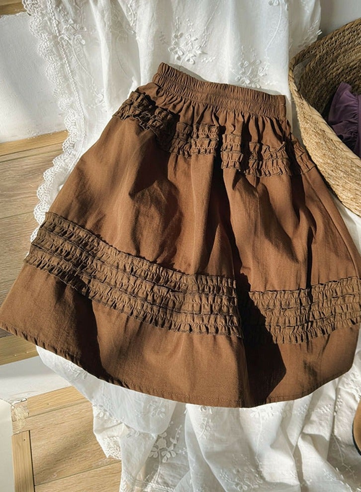 Girls Solid Color Elastic Waist A-Line Ruffle Skirt Brown