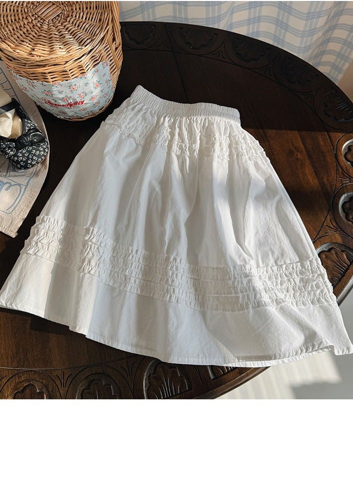 Girls Solid Color Elastic Waist A-Line Ruffle Skirt White