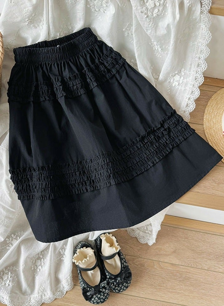Girls Solid Color Elastic Waist A-Line Ruffle Skirt Black