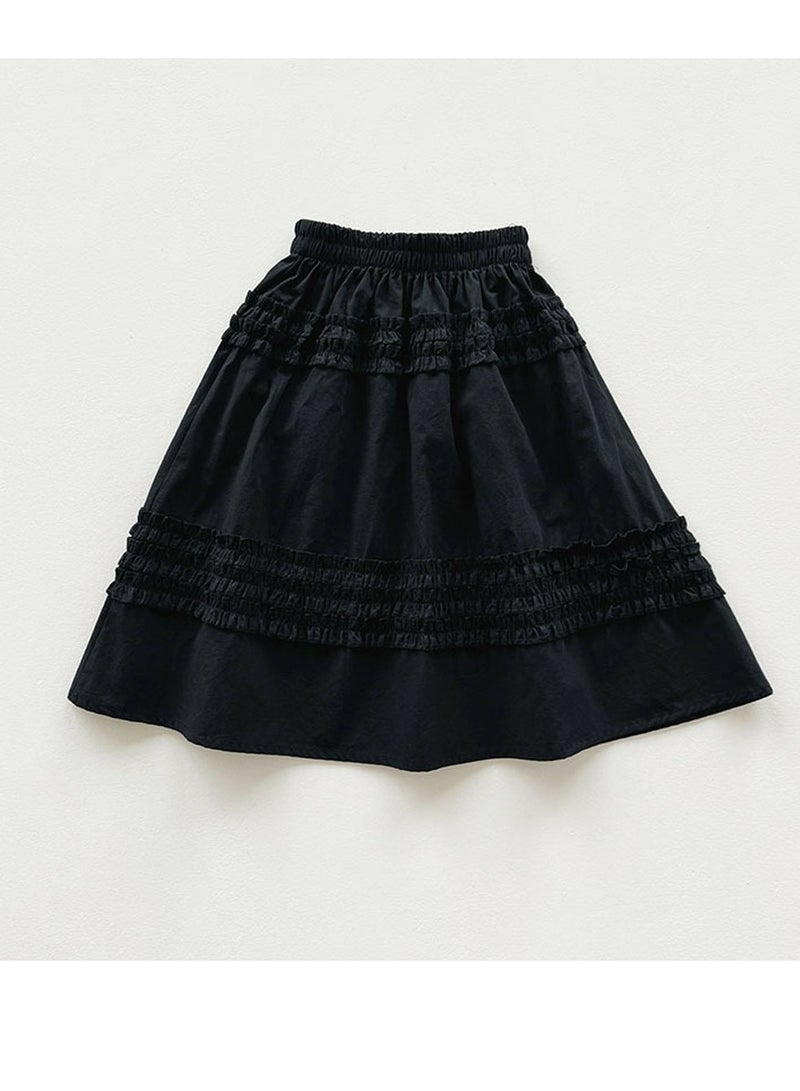 Girls Solid Color Elastic Waist A-Line Ruffle Skirt Black