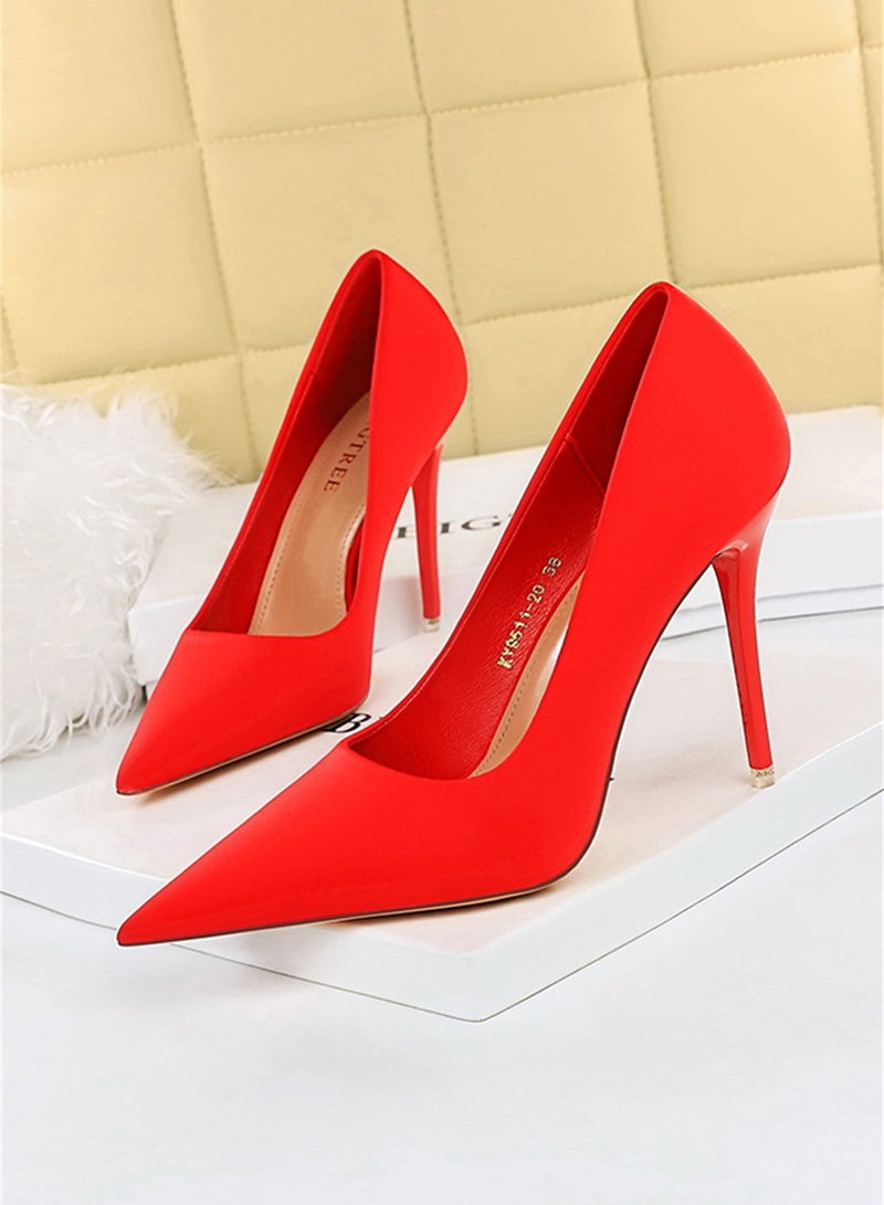 10.5cm Stylish Pedicure Slim Heels With Slim Satin Pumps With Pointed Toes Red