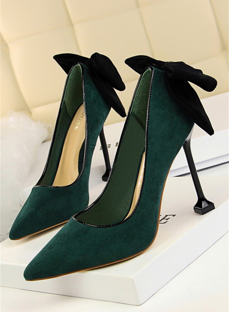 9.5cm Thin High Heels Women's Shoes Fine Heel Suede Shallow Mouth Pointed Bow Single Shoes Green
