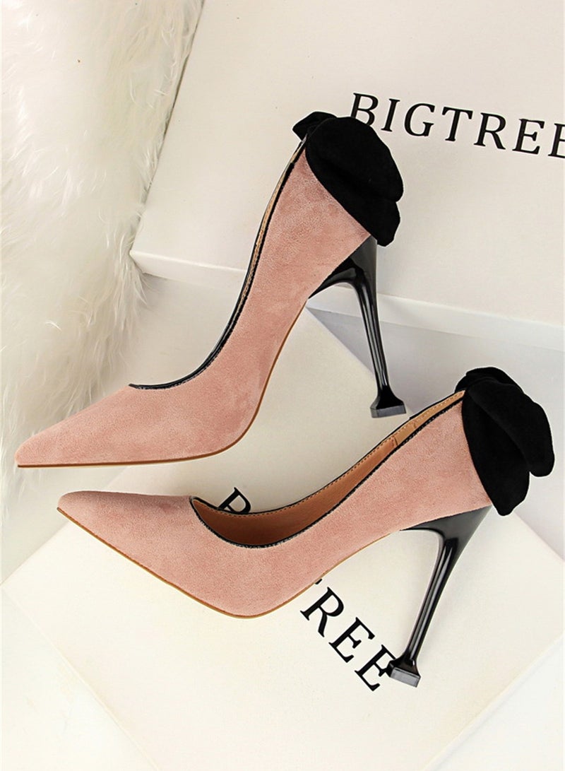 9.5cm Thin High Heels Women's Shoes Fine Heel Suede Shallow Mouth Pointed Bow Single Shoes Pink