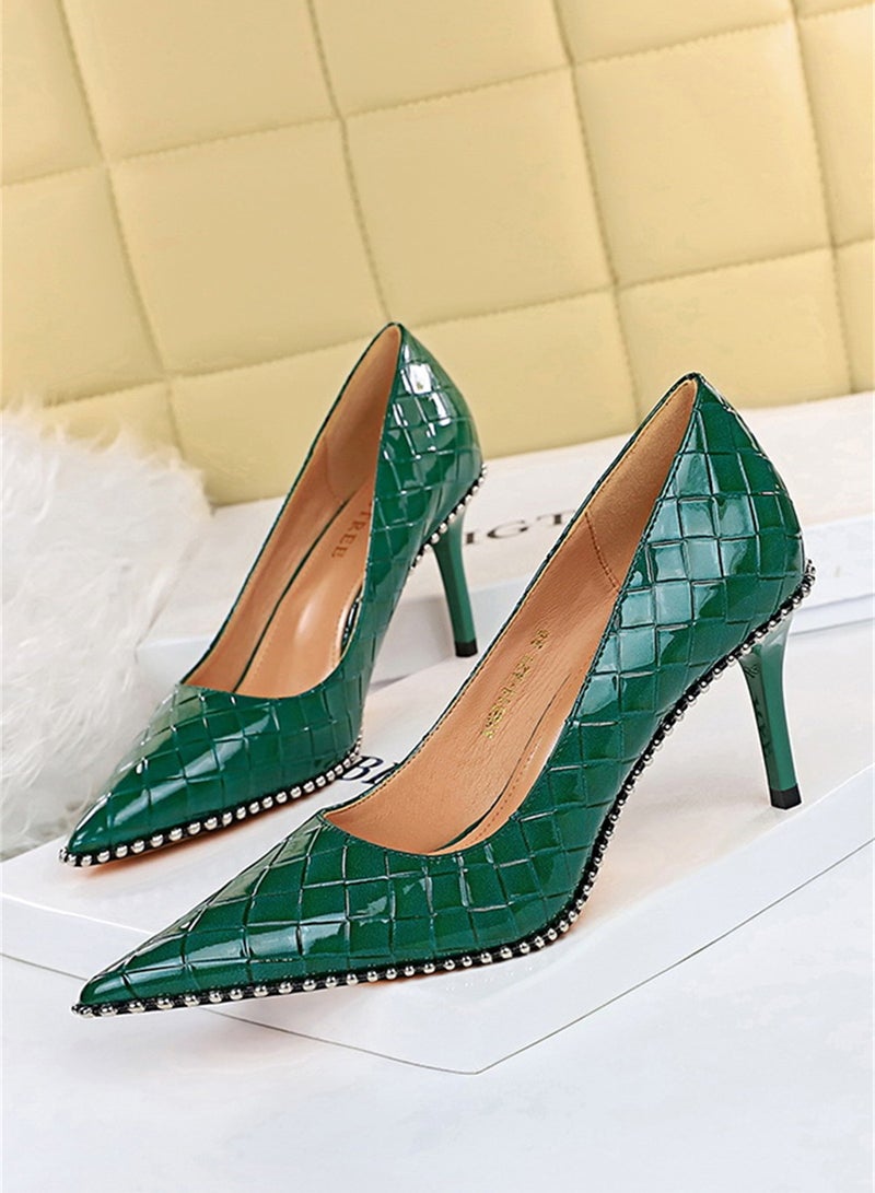 8cm Fashion Simple Slim Heels High Heels Bright Surface Patent Leather Shallow Mouth Pointed Women's Heels Green