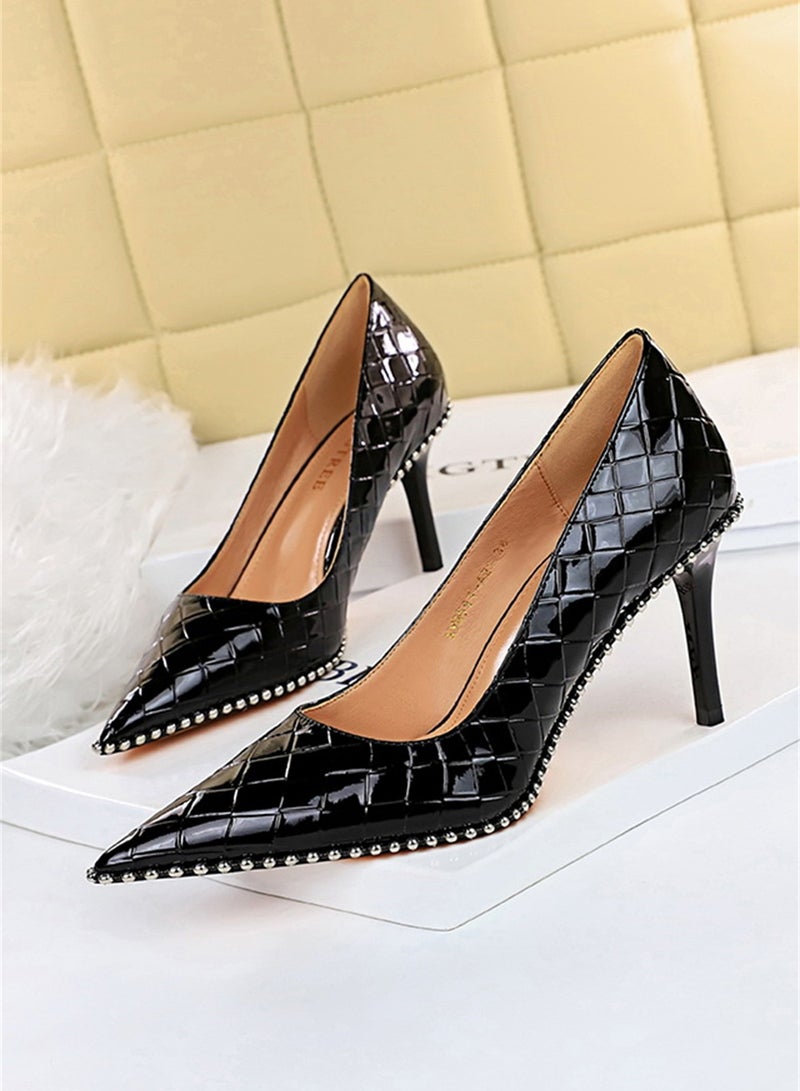 8cm Fashion Simple Slim Heels High Heels Bright Surface Patent Leather Shallow Mouth Pointed Women's Heels Black