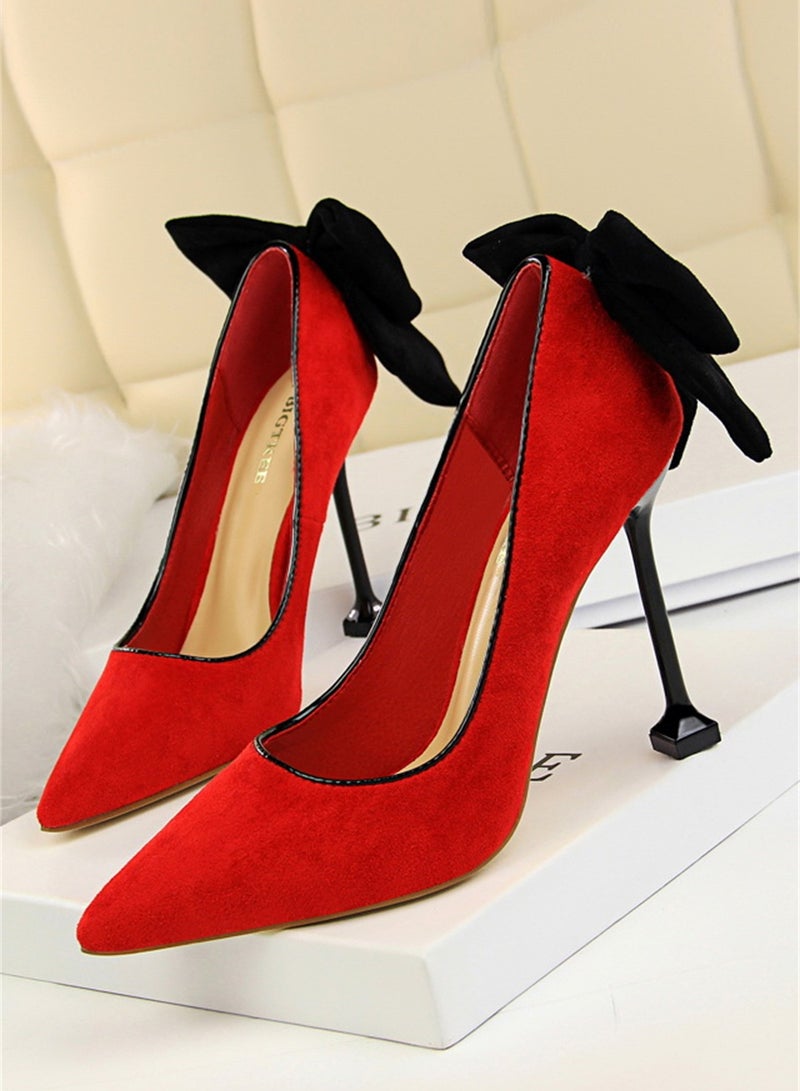 9.5cm Thin High Heels Women's Shoes Fine Heel Suede Shallow Mouth Pointed Bow Single Shoes Red