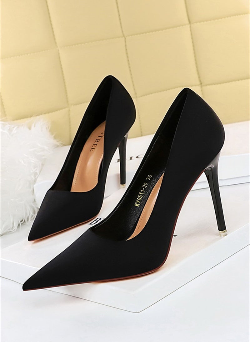 10.5cm Stylish Pedicure Slim Heels With Slim Satin Pumps With Pointed Toes Black