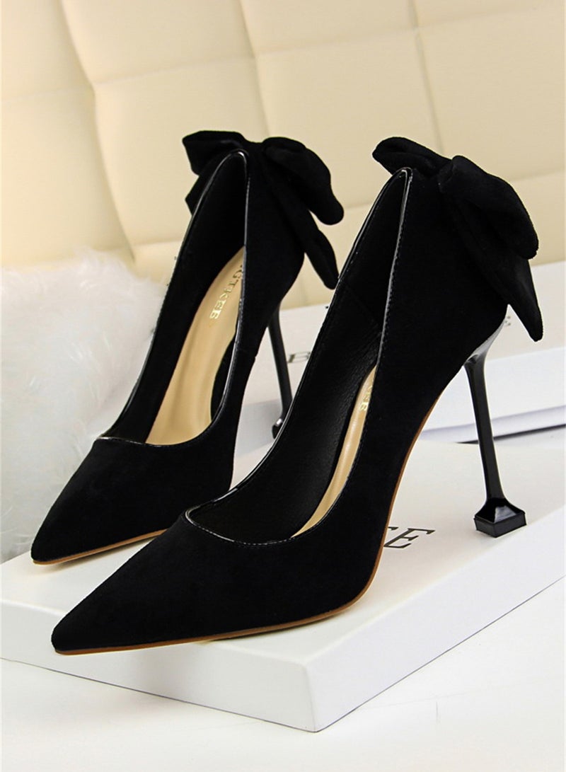 9.5cm Thin High Heels Women's Shoes Fine Heel Suede Shallow Mouth Pointed Bow Single Shoes Black