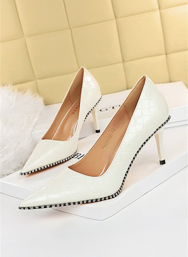 8cm Fashion Simple Slim Heels High Heels Bright Surface Patent Leather Shallow Mouth Pointed Women's Heels White