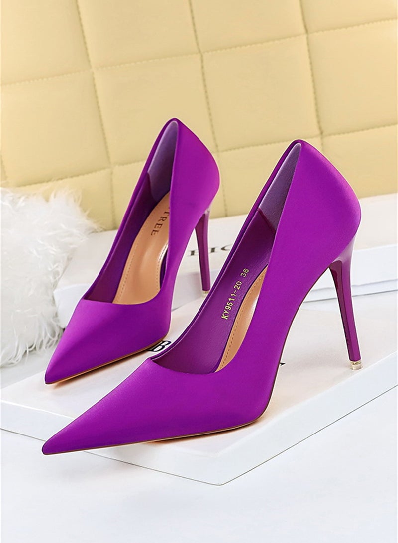 10.5cm Stylish Pedicure Slim Heels With Slim Satin Pumps With Pointed Toes Purple