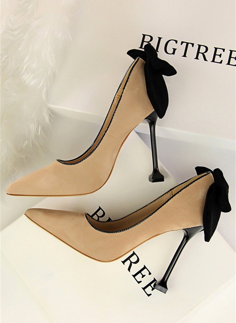 9.5cm Thin High Heels Women's Shoes Fine Heel Suede Shallow Mouth Pointed Bow Single Shoes Beige