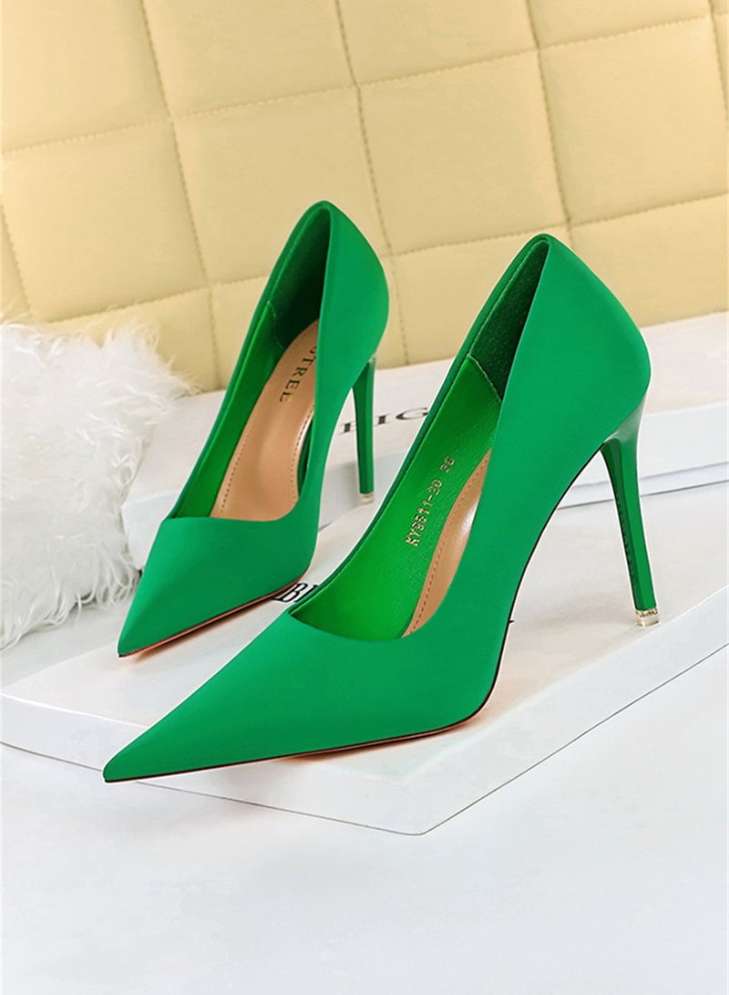 10.5cm Stylish Pedicure Slim Heels With Slim Satin Pumps With Pointed Toes Green