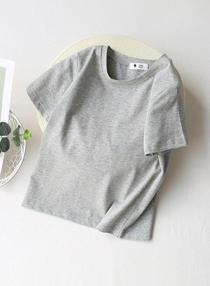 Kid's Solid Color Short Sleeve Crew Neck T-Shirt Cotton Basic Base Tees Gray