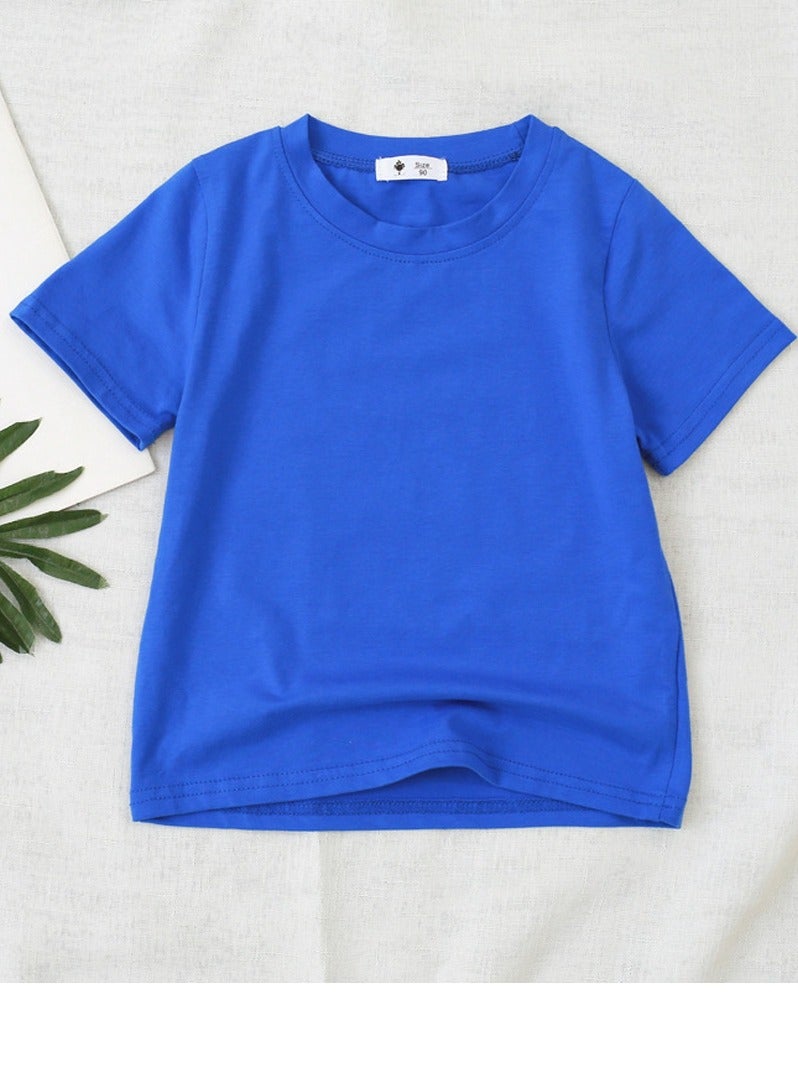 Kid's Solid Color Short Sleeve Crew Neck T-Shirt Cotton Basic Base Tees Blue