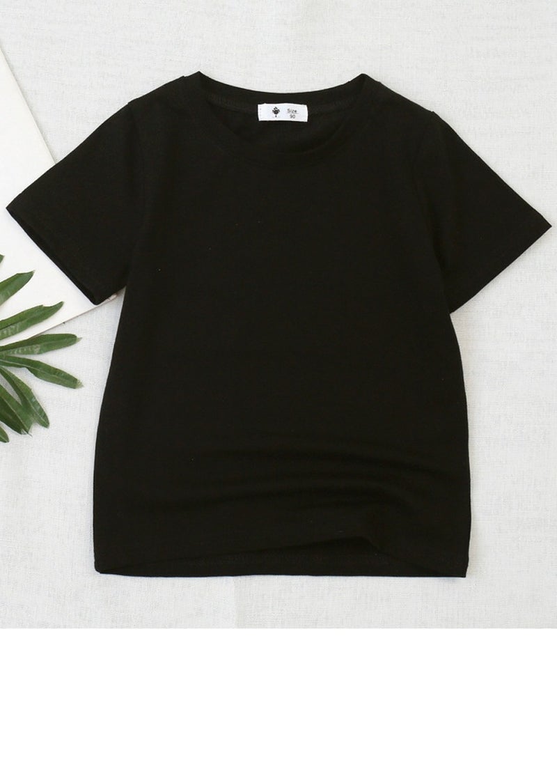 Kid's Solid Color Short Sleeve Crew Neck T-Shirt Cotton Basic Base Tees Black