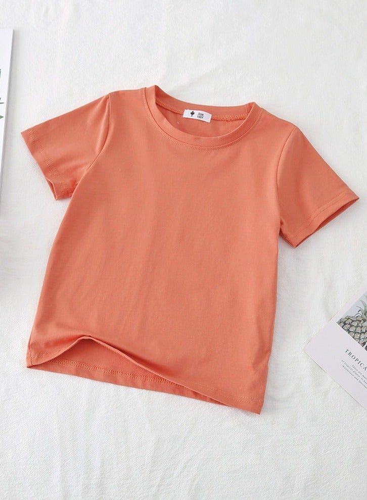 Kid's Solid Color Short Sleeve Crew Neck T-Shirt Cotton Basic Base Tees Brick-Red
