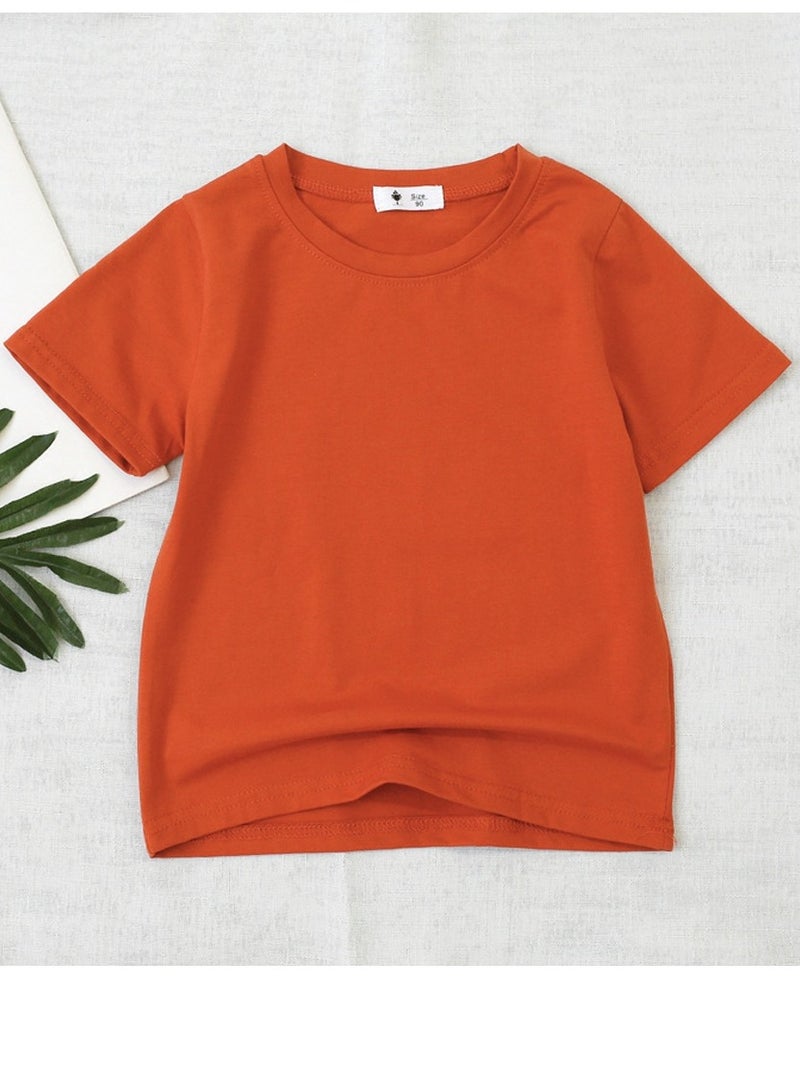 Kid's Solid Color Short Sleeve Crew Neck T-Shirt Cotton Basic Base Tees Dark Orange