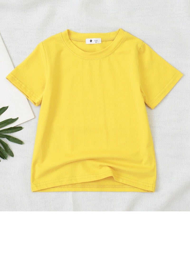 Kid's Solid Color Short Sleeve Crew Neck T-Shirt Cotton Basic Base Tees Yellow