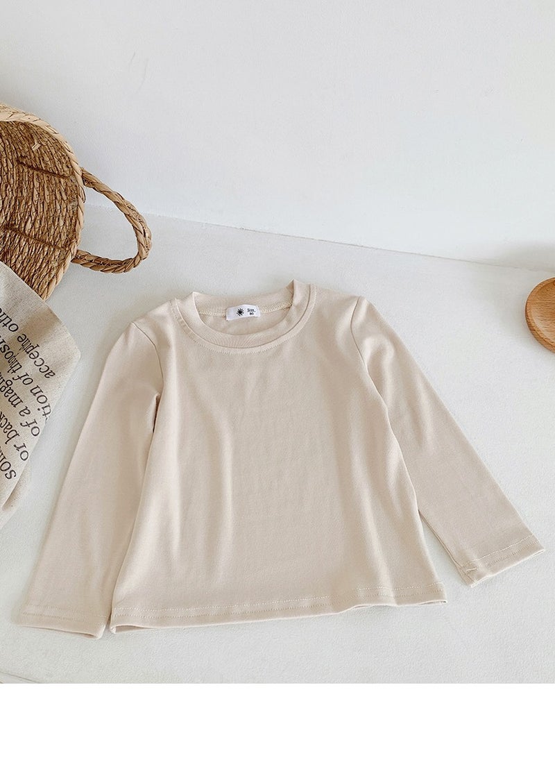 Kid's Solid Color Crew Neck Long Sleeve Tees Cotton Basic Base T-Shirt Apricot
