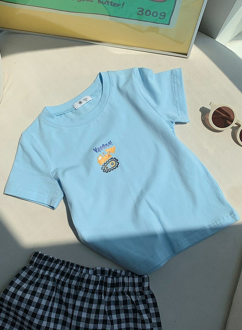 Kid's Printed Short Sleeve Crew Neck T-Shirt Cotton Basic Tees Light Blue