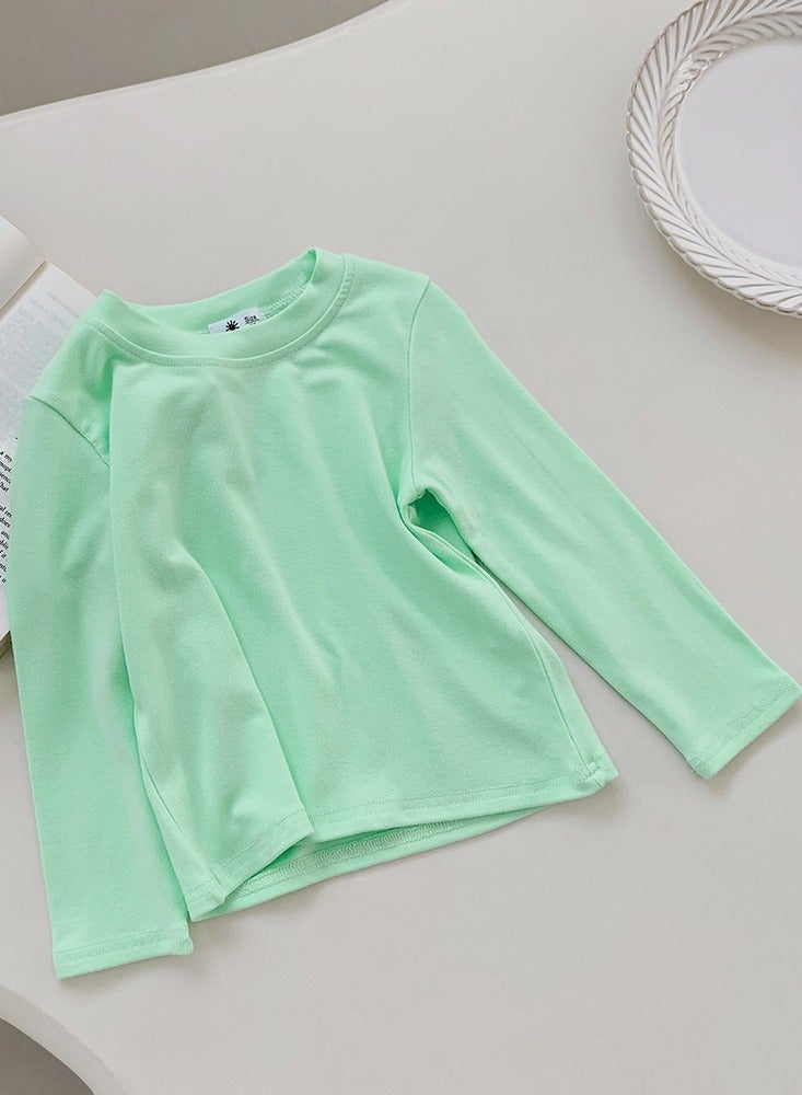 Kid's Solid Color Crew Neck Long Sleeve Tees Cotton Basic Base T-Shirt Fluorescent Green
