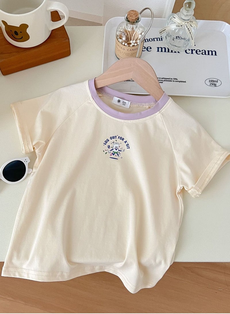 Kid's Printed Short Sleeve Crew Neck T-Shirt Cotton Base Tees Light Purple/White
