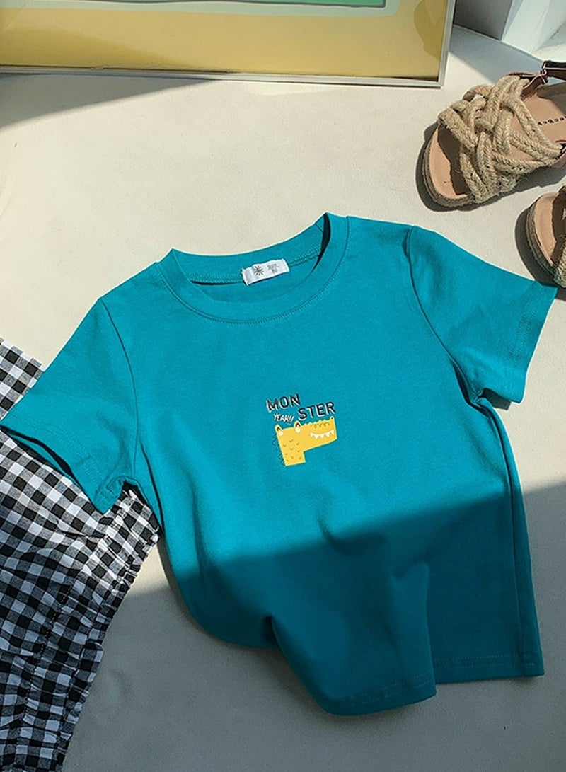 Kid's Printed Short Sleeve Crew Neck T-Shirt Cotton Basic Tees Sea Blue