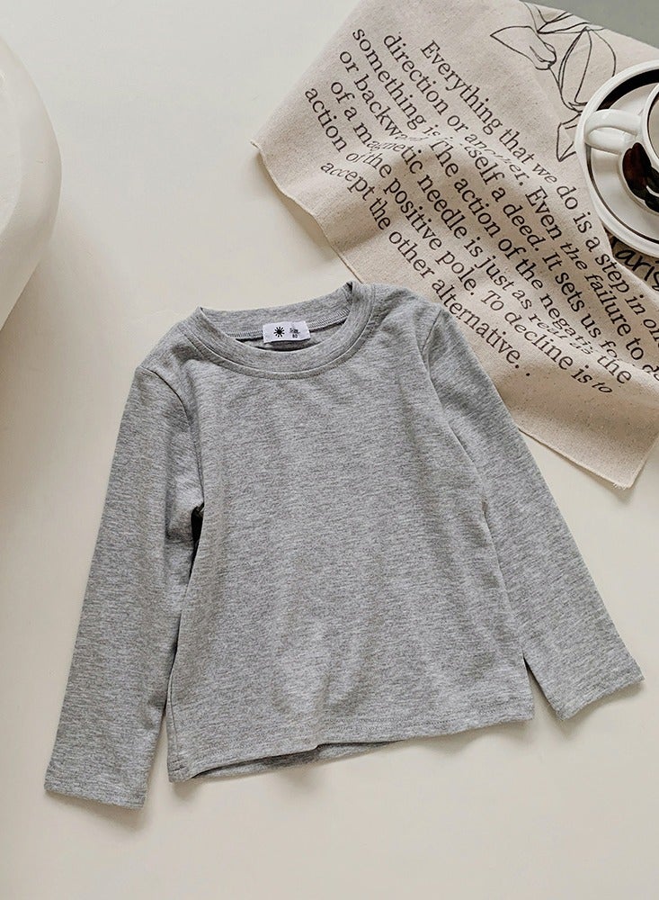 Kid's Solid Color Crew Neck Long Sleeve Tees Cotton Basic Base T-Shirt Light Gray