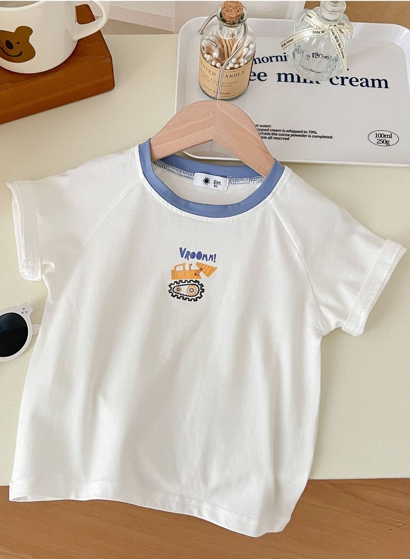 Kid's Printed Short Sleeve Crew Neck T-Shirt Cotton Base Tees Dark Blue/White