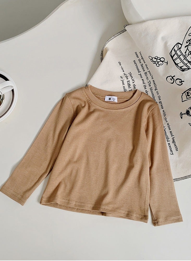 Kid's Solid Color Crew Neck Long Sleeve Tees Cotton Basic Base T-Shirt Brown