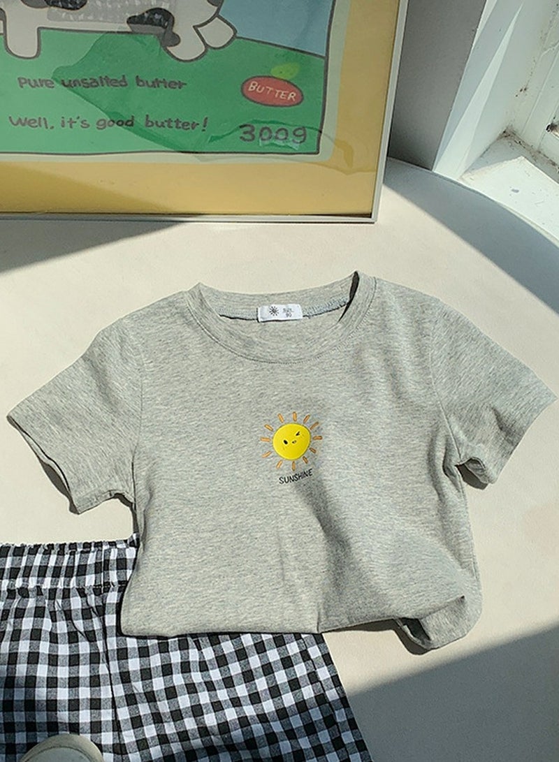 Kid's Printed Short Sleeve Crew Neck T-Shirt Cotton Basic Tees Light Gray