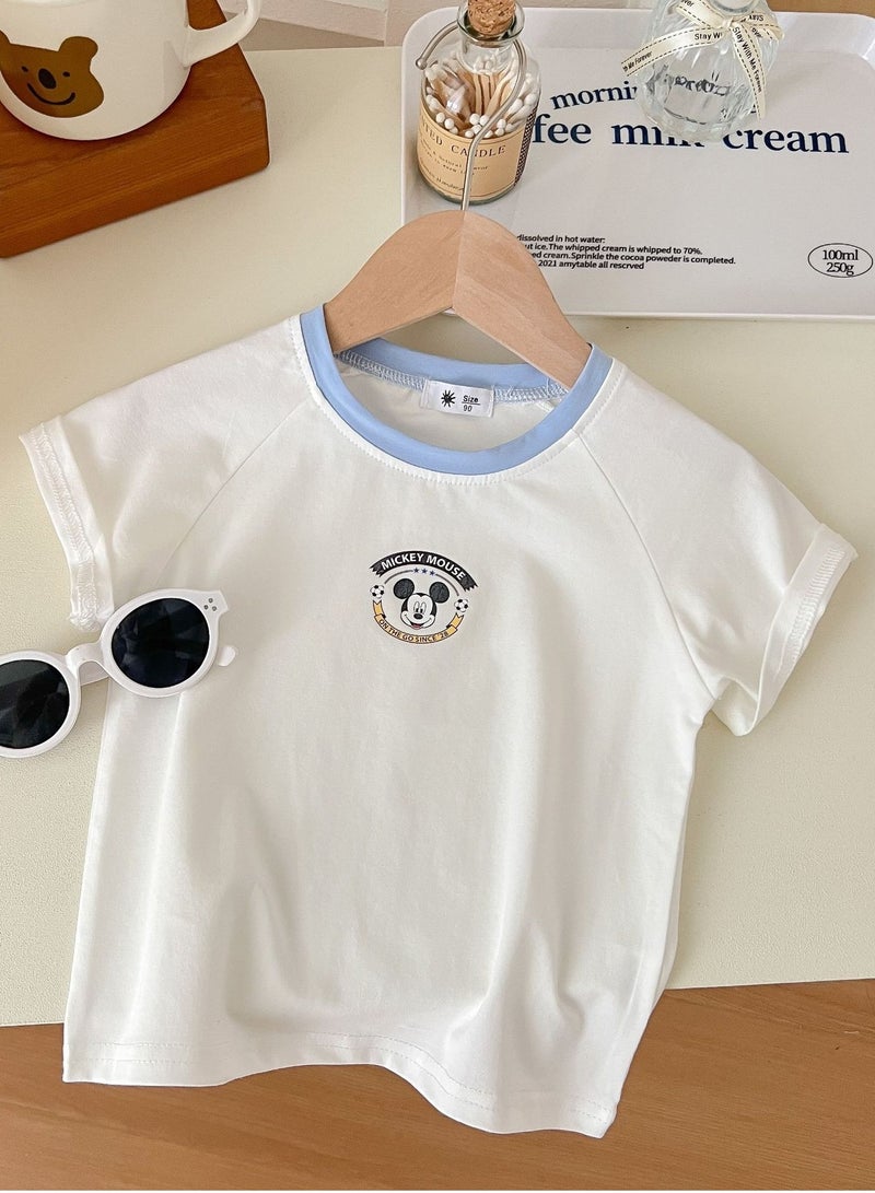 Kid's Printed Short Sleeve Crew Neck T-Shirt Cotton Base Tees Light Blue/White