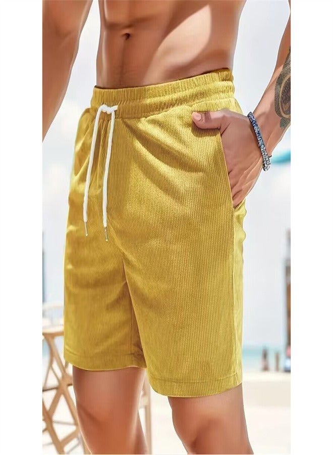 Solid Color Lace Up Sports Corduroy Minimalist Five Point Shorts Yellow