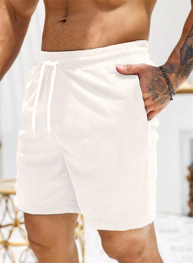 Solid Color Lace Up Sports Corduroy Minimalist Five Point Shorts White
