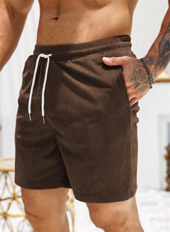 Solid Color Lace Up Sports Corduroy Minimalist Five Point Shorts Dark Brown