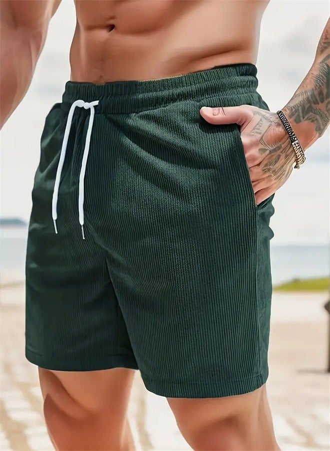 Solid Color Lace Up Sports Corduroy Minimalist Five Point Shorts Blackish Green